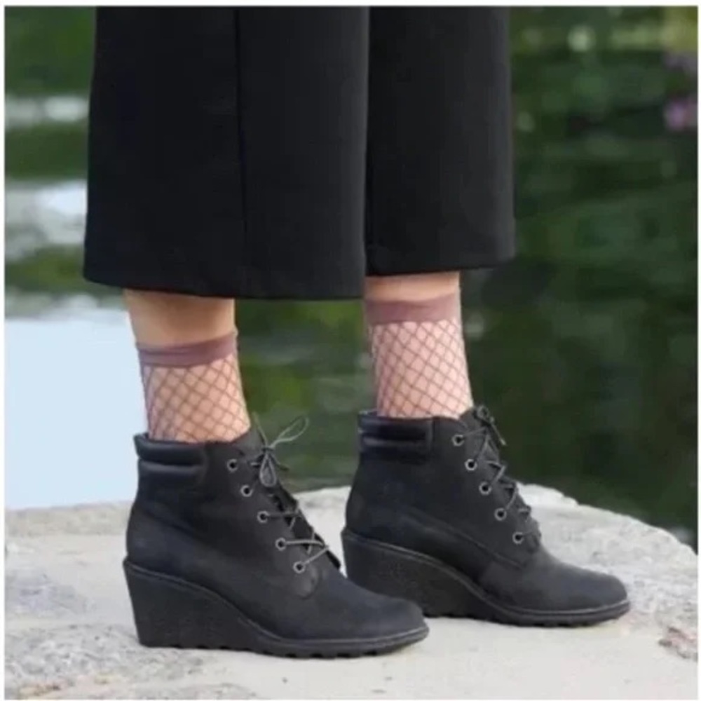 Timberland Amston Black Nubuck Wedge Heel Boots Size 8.5